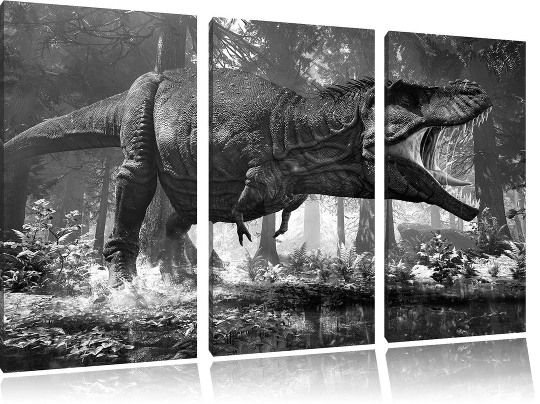 Pixxprint T-Rex Dinosaurier im Wald Kunst B&W 3-Teiler Leinwandbild 120x80 Bild auf Leinwand
