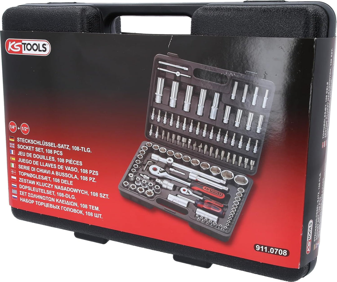 KS Tools 911.0708 1/4 Zoll + 1/2 Zoll Steckschlüssel-Satz | inklusive 2 Umschaltknarren, 45-Zahn | m