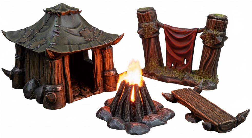 Orc Camp Set: Rustikale Kabine, Kampfbanner, gemütliches Lagerfeuer und Holzbank – 28/32 mm Massstab