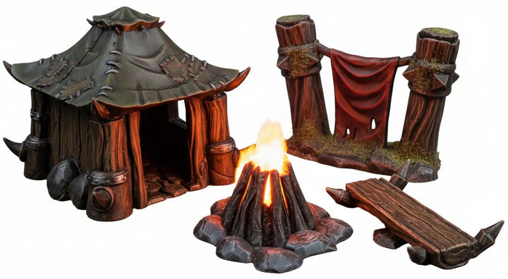 Orc Camp Set: Rustikale Kabine, Kampfbanner, gemütliches Lagerfeuer und Holzbank – 28/32 mm Massstab