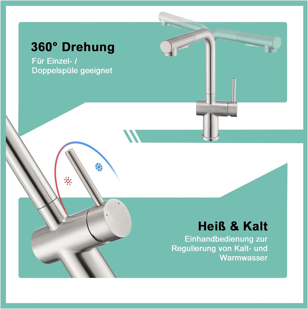 BONADE Niederdruck Armatur Küche Ausziehbar, Wasserhahn Küche Niederdruck mit Brause Zwei Wasserstra