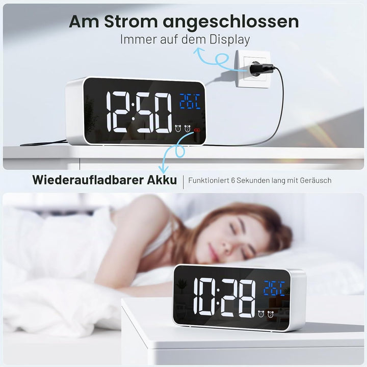 Wecker Digital, LED Digitaluhr mit Temperaturanzeige Tragbarer Spiegelalarm Tischuhr mit 2 Alarmen 1
