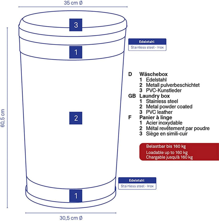 kela 21819 Wäschetruhe mit Sitzkissen, Rund, 60,5 cm Höhe, Metall, Sevilla, Hellgrau Hellgrau Metall