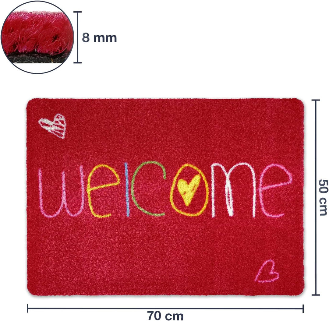 Fussmatte Welcome 50 x 70 cm Rot - rutschfeste, waschbare Fussmatte für Aussen und Innen - Saugstark