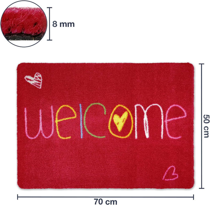 Fussmatte Welcome 50 x 70 cm Rot - rutschfeste, waschbare Fussmatte für Aussen und Innen - Saugstark