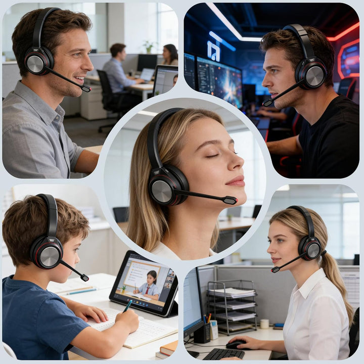 Bluetooth Headset mit Mikrofon, Wireless Headset mit USB Dongle Ladestation, Noise Cancelling Mikrof