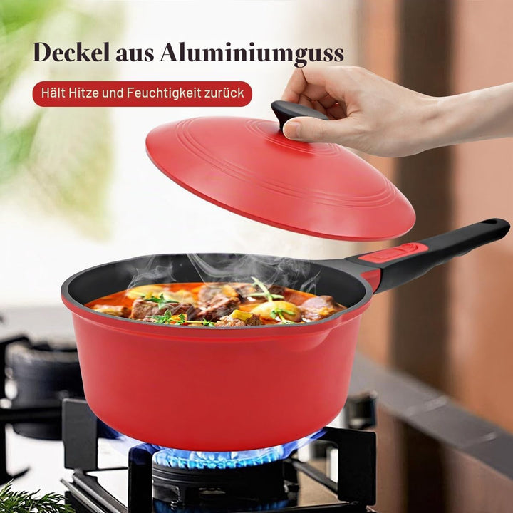 2,5 Liter Stielkasserolle Antihaft mit Aluminium Deckel, Kasserolle 20cm mit abnehmbarem Griff, Back