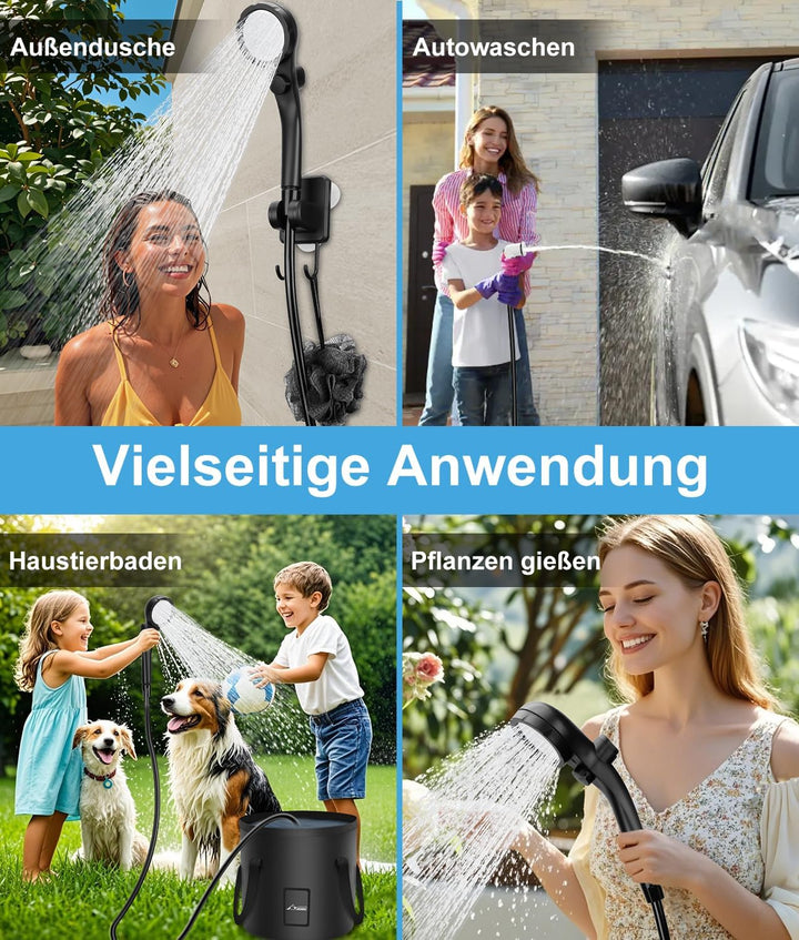 WADEO Tragbare Campingdusche Akku mit Pumpe und Eimer, Camping Dusche Outdoor mit wiederaufladbarem
