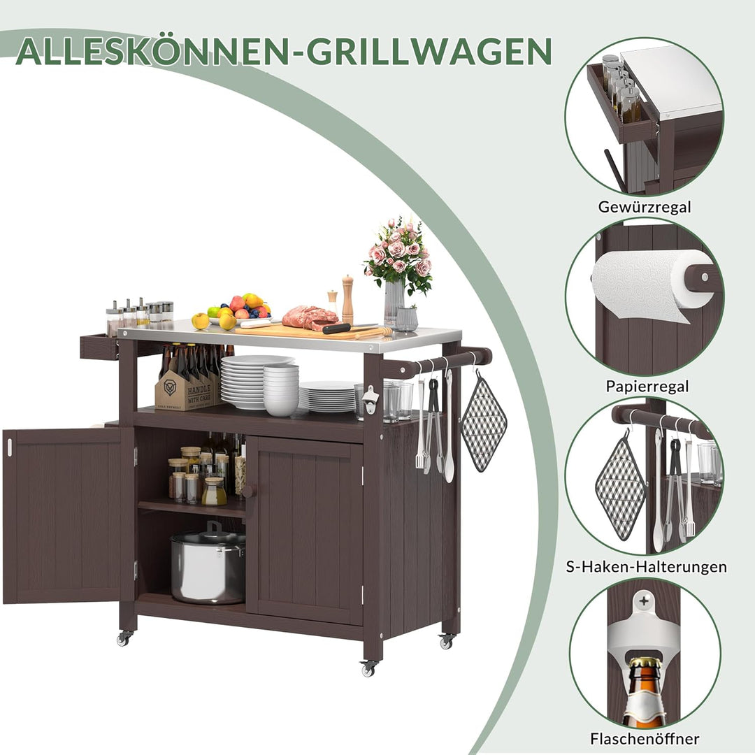 Grillwagen für den Aussenbereich mit Edelstahlplatte, wetterfester HIPS-Gartenwagen mit Aufbewahrung
