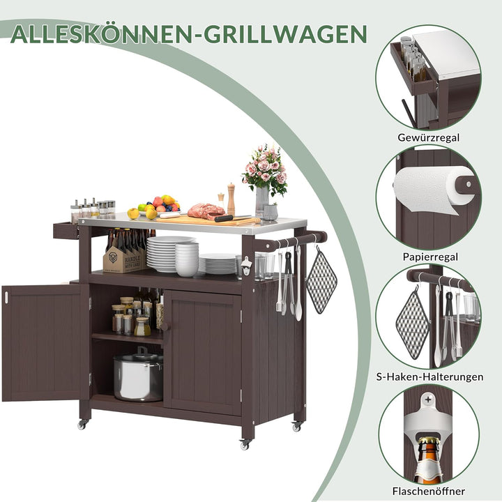 Grillwagen für den Aussenbereich mit Edelstahlplatte, wetterfester HIPS-Gartenwagen mit Aufbewahrung
