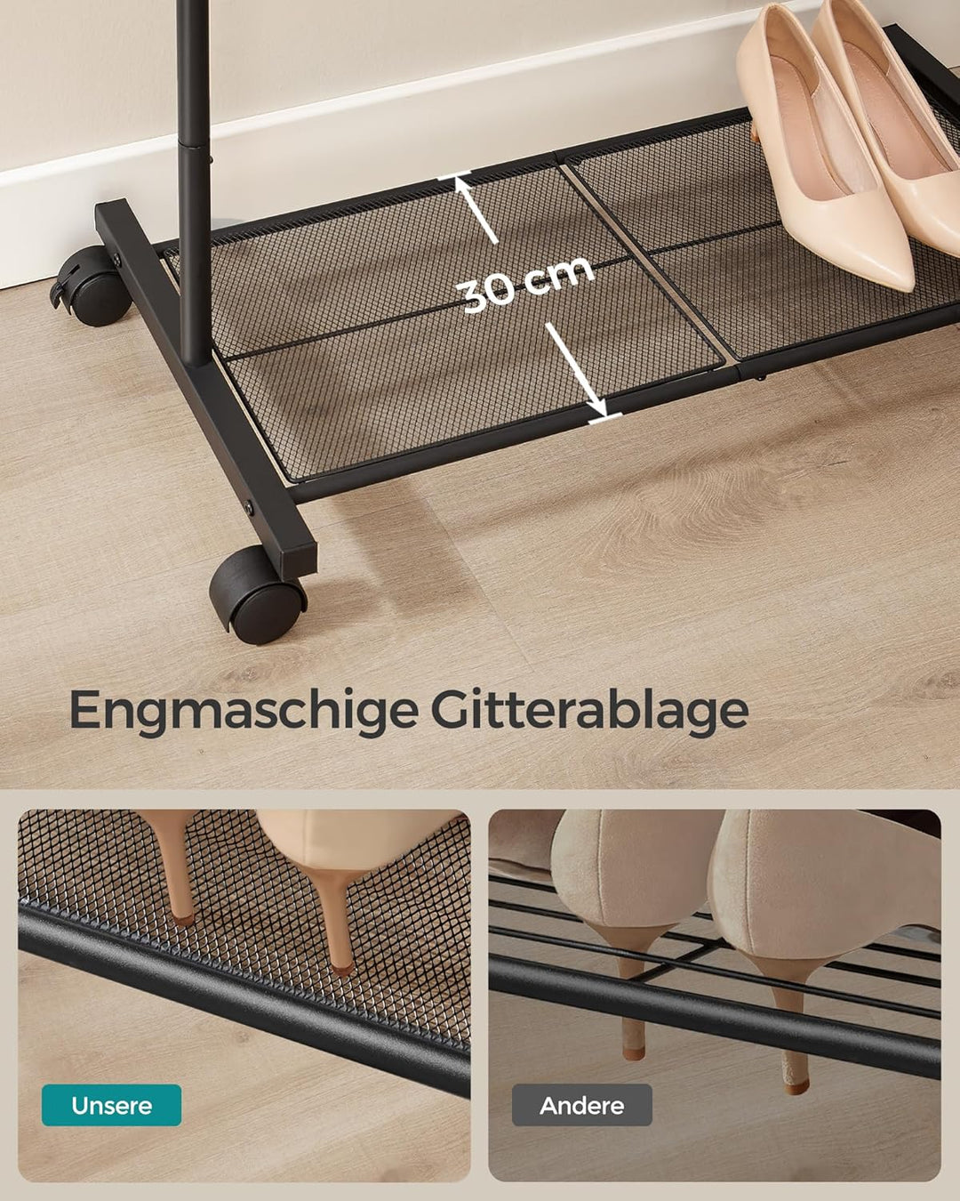 SONGMICS Kleiderständer, Kleiderstange auf Rollen, Garderobenständer 74 cm breit, Rollgarderobe mit