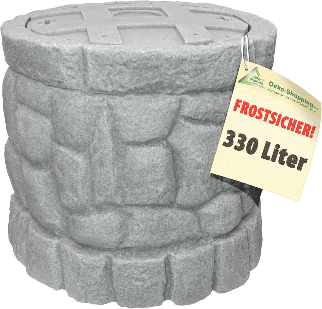 Regentonne Märchenbrunnen Granit-grau 330 l, Regenfass FROSTSICHER mit stabilem Deckel und Wasserhah