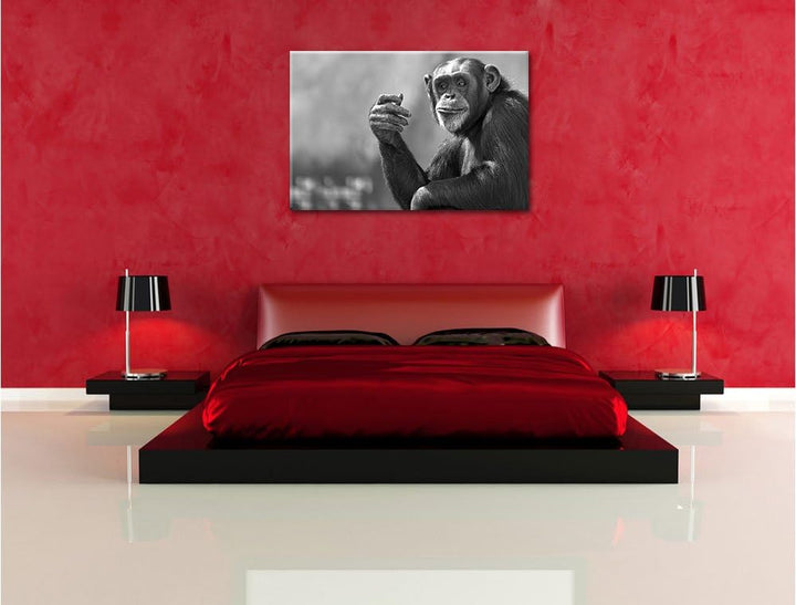 Pixxprint Aufmerksamer Schimpanse Kunst B&W / 100x70cm Leinwandbild bespannt auf Holzrahmen/Wandbild