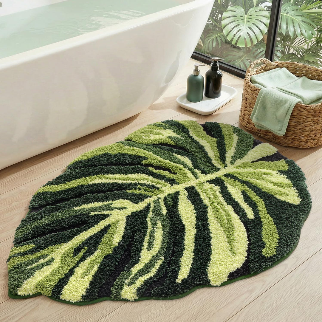 DEXI Badezimmerteppich 80 x 120 cm, Badematte rutschfest Absorbierende mit Monstera Pflanzenmuster,