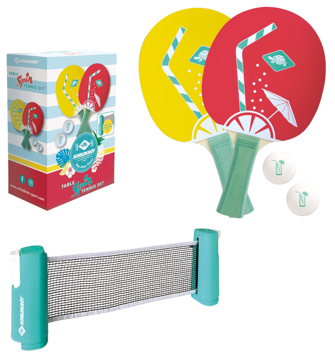Schildkröt Tischtennis-Set Spin, Tischtennisset mit Zwei Schlägern, Zwei Bällen, inklusive Netz zur