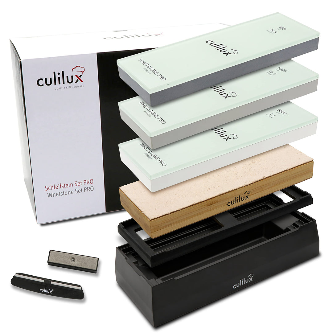CULILUX Pro Schleifstein Profi Set XL Wetzsteine Körnung 400 1000 6000 auf Glas doppelseitige Leder-