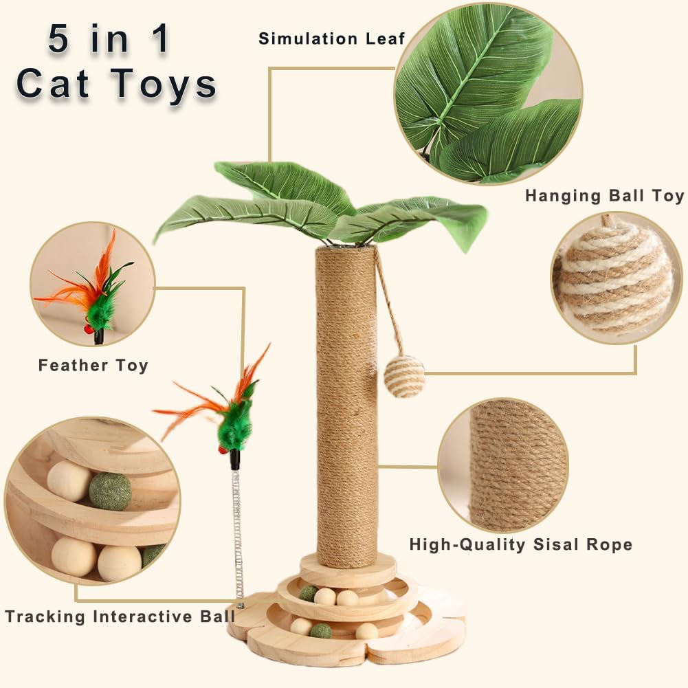 Marchul 5 in 1 Katzenspielzeug, Katzenkratzbaum mit Sisalseil, Hölzerne Katze Track Toy Ball mit Spr