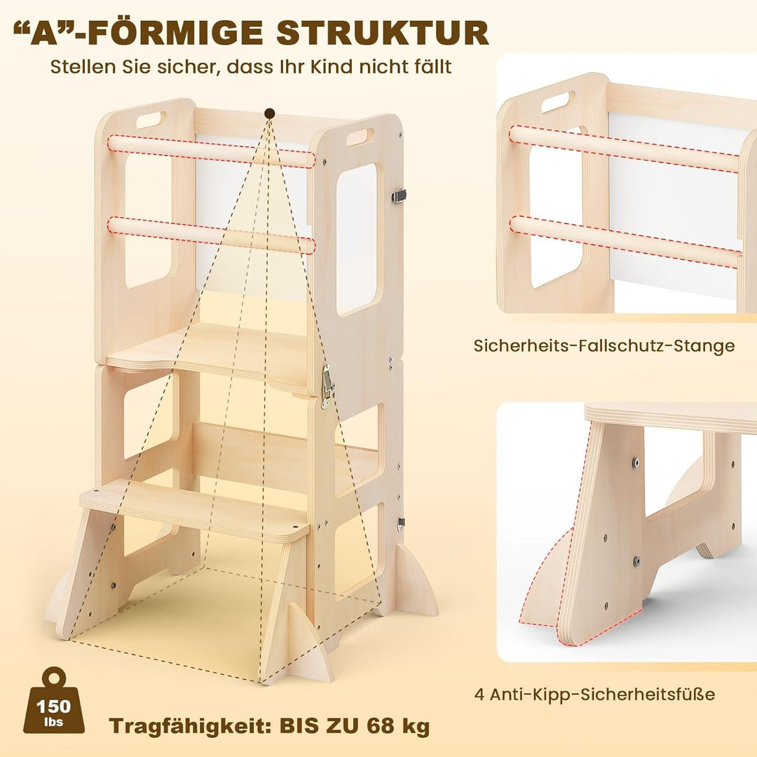 Montessori Lernturm ab 1 Jahr, 4 in 1 Montessori Learning Tower für Kinder mit Rausfallschutz, Lernt