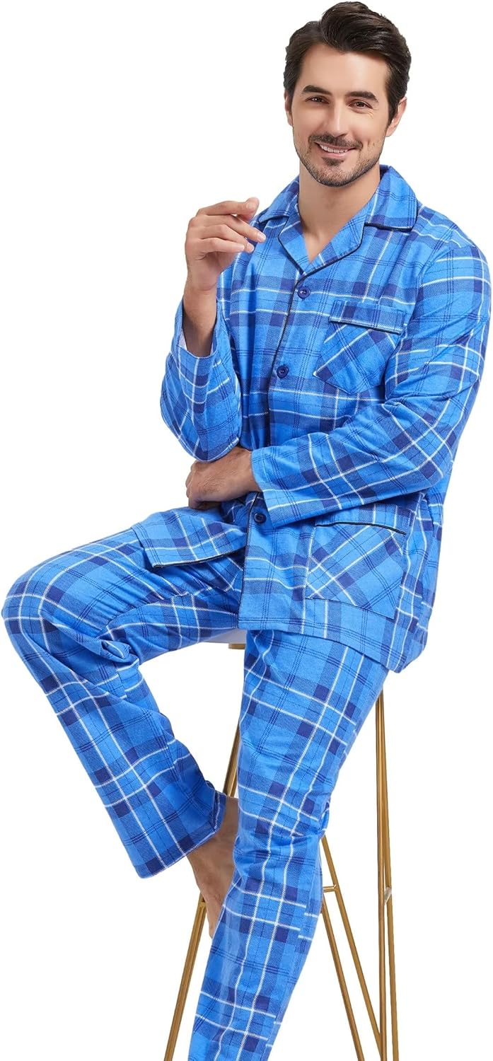 Amaxer Flanell Schlafanzug Herren 100% Baumwolle Pyjama mit Knopfleiste Set Lang Warmer Winter Schla