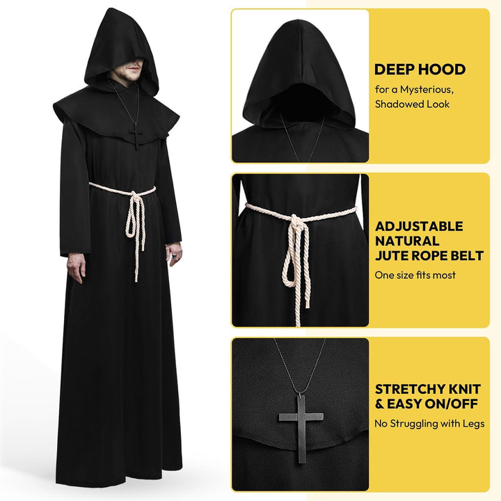 KONVINIT Mönch Robe Kostüm Männer Prister Gewand Kostüm Mittelalterliche Robe mit Kapuze Halloween K
