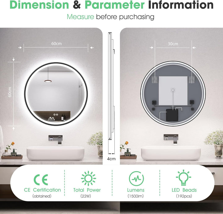 S'bagno Badspiegel mit Beleuchtung 60cm, Spiegel Rund mit Beleuchtung mit Aluminiumrahmen, Entfoggen