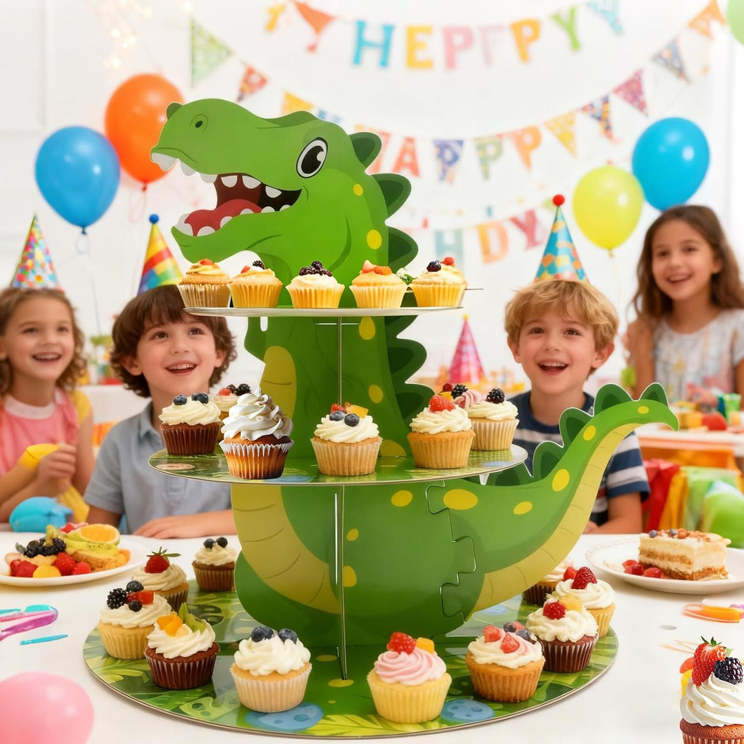Dinosaurier-Cupcake-Ständer, Dreistöckiges Cartoon-Design, Ideal für Geburtstagsfeiern, Taufen und A
