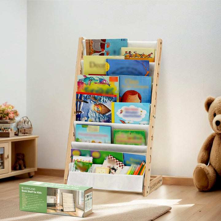 COSYLAND Bücherregal Kinder mit 6 Oxford-Stoff Fächern - Kinderbücherregal aus Naturholz - Bücherreg
