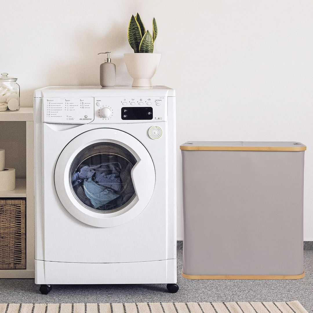 ONVAYA® Wäschekorb mit Deckel | 2 Fächer 100L | Grau | Wäschesammler fürs Badezimmer | Wäschetruhe a