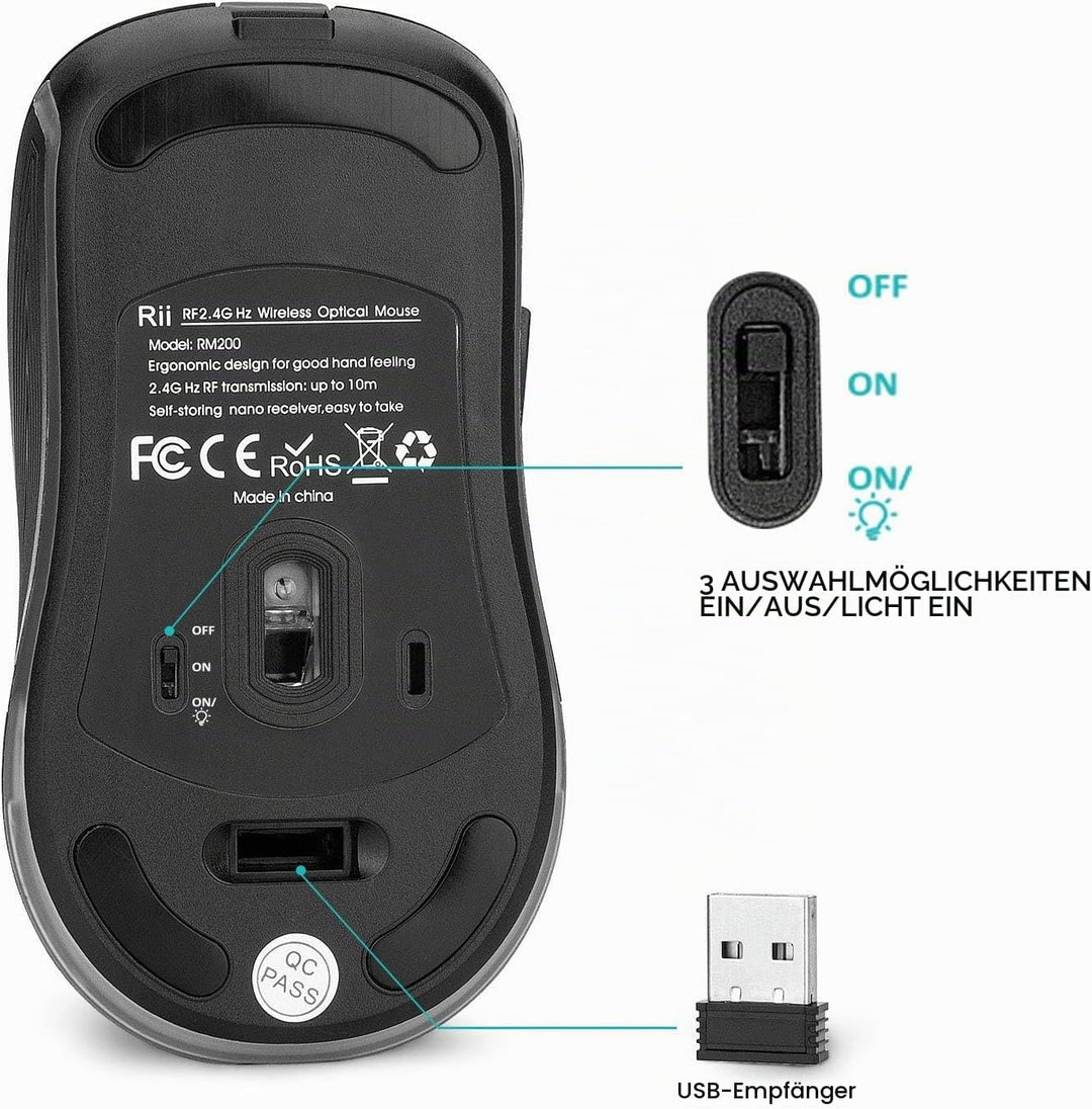 Rii Gaming RM200 Wireless - Drahtlose Gaming Maus, 1600 DPI, 5 Tasten, wiederaufladbar, mit bunten L
