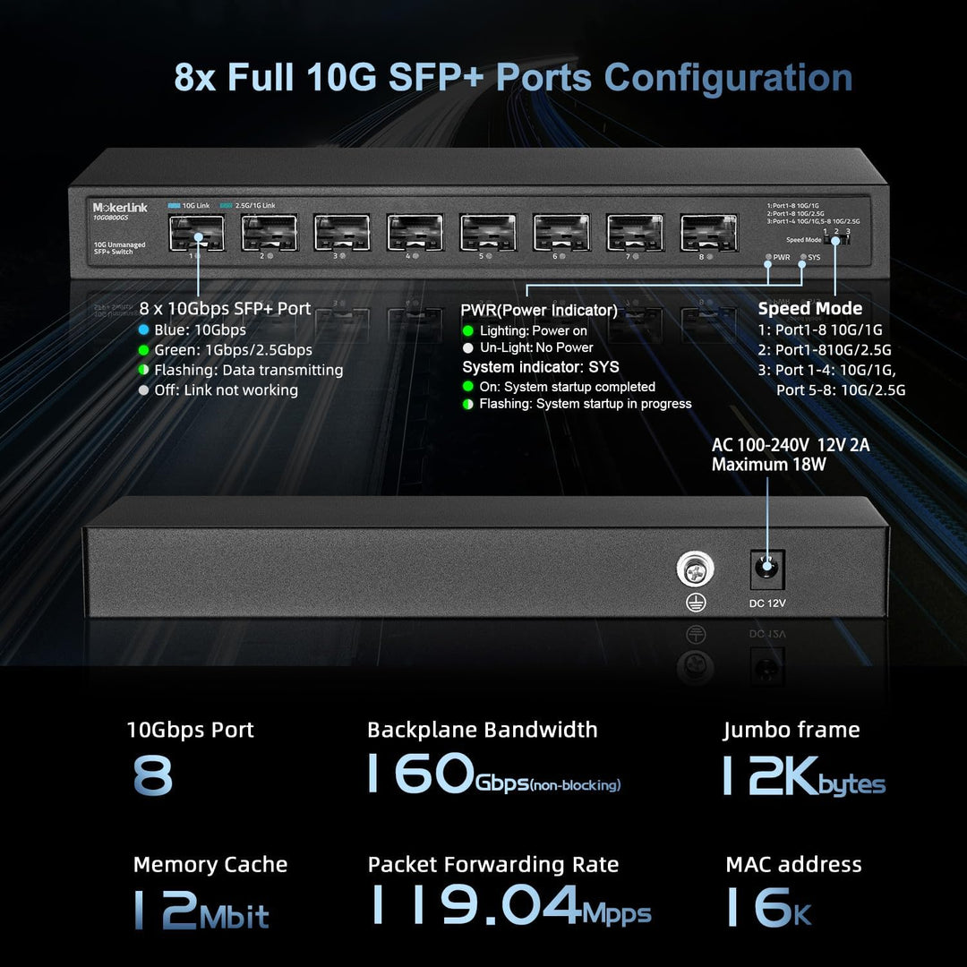 MokerLink 8 Port 10Gbps SFP+ Switch, unterstützt 1G/2.5G/10G SFP Module, 160Gbps Bandbreite, lüfterl