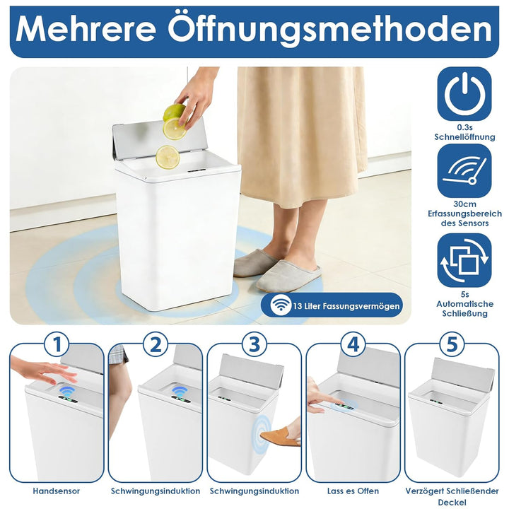 13L Mülleimer mit Sensor, Automatik Touchless Mülleimer mitInfrarotsensor und Vibrationssensor, mit