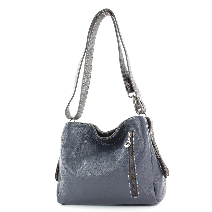 modamoda de - T220 - ital. Schultertasche Klein aus Echtleder Dunkelblau/Dunkelbraun, Dunkelblau/Dun