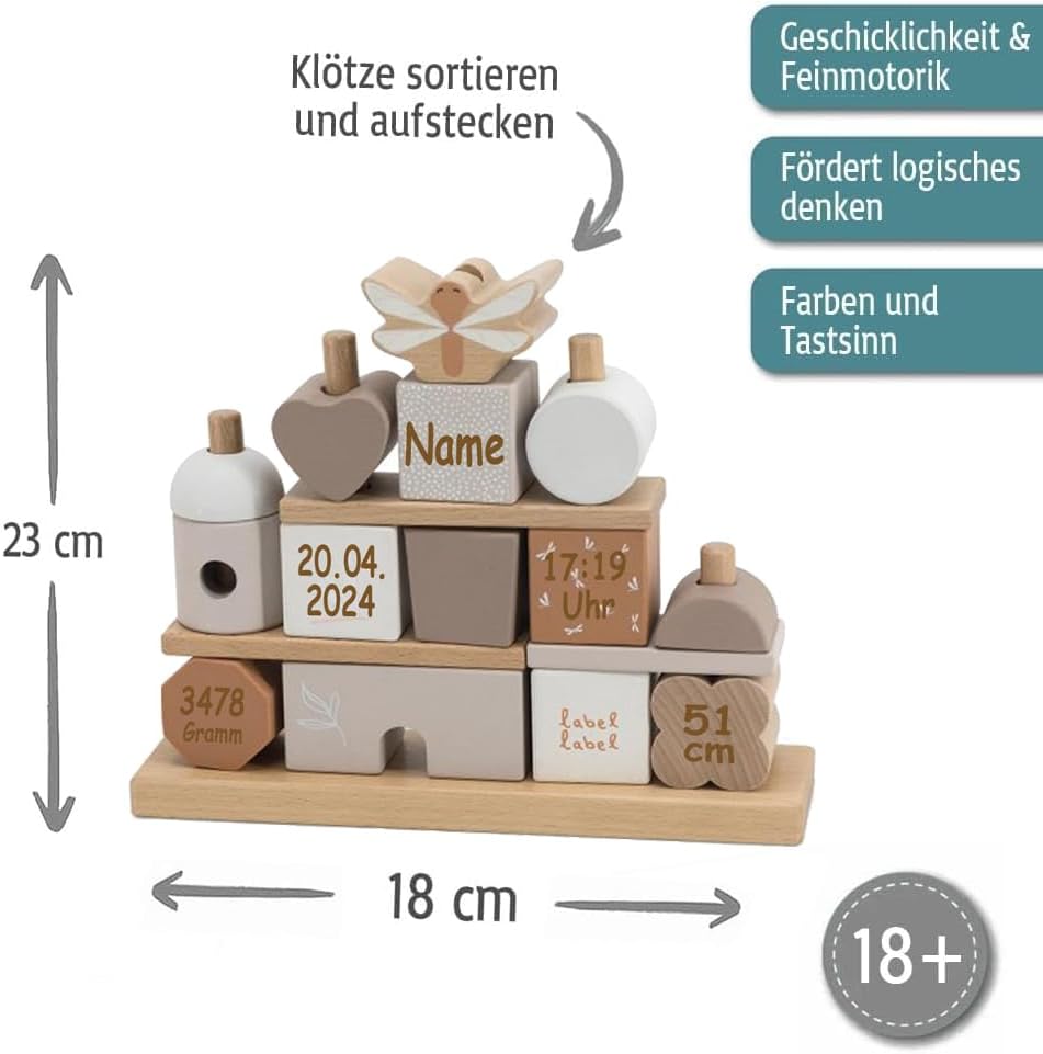 Steckspiel Haus beige personalisierbar mit Name und Geburtsdaten Baby Geschenk mit Gravur, Beige