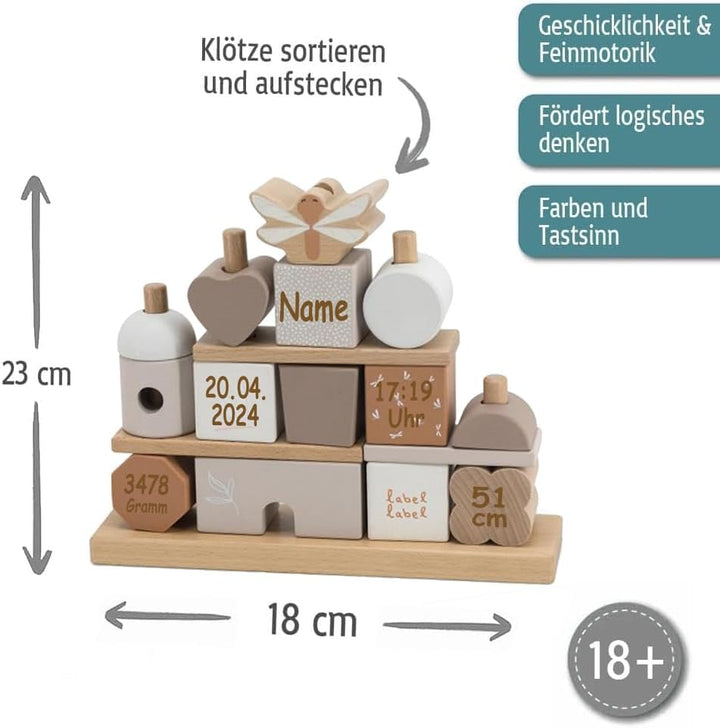 Steckspiel Haus beige personalisierbar mit Name und Geburtsdaten Baby Geschenk mit Gravur, Beige