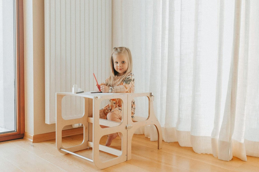 Klappbarer Lernturm mit Sitzfunktion, 45 cm Stehhöhe, Step’n’Sit, Lernturm mit Sitz und Tisch umklap