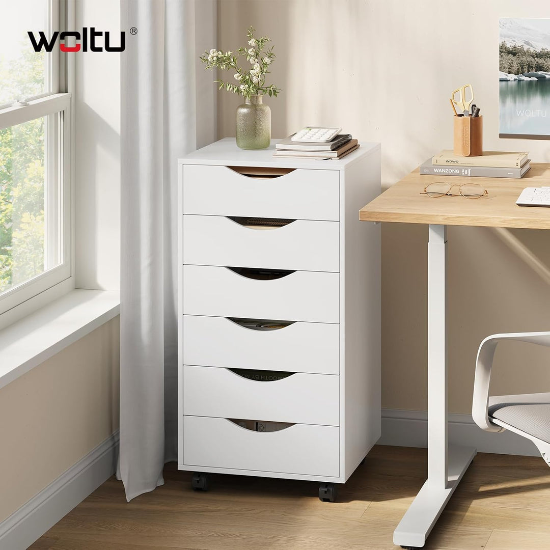 WOLTU Rollcontainer mit 6 Schubladen, mobiler Aktenschrank mit Rollen Weiss 6 Schubladen (78H cm), W