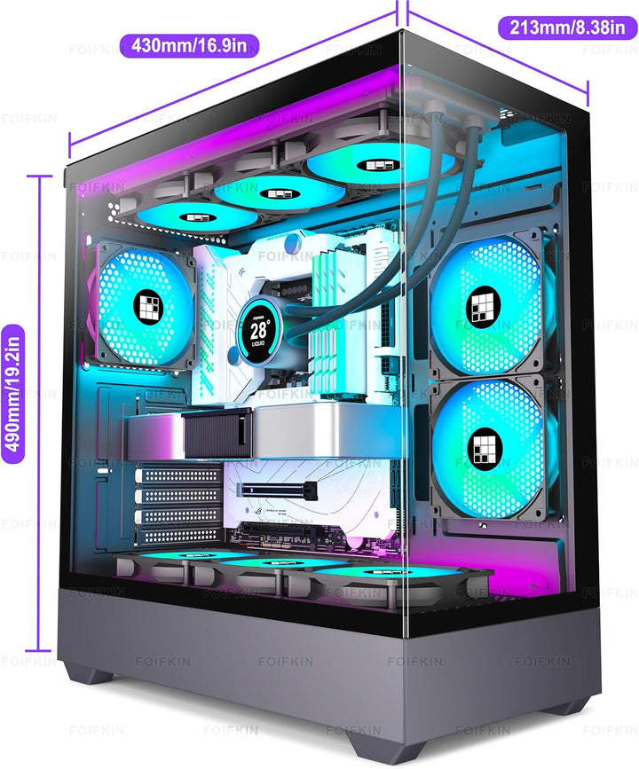 FOIFKIN PC Gehäuse - Vorinstallierter 5 PWM ARGB-Lüfter, ATX Mid-Tower Gaming PC Gehäuse, 270° Panor