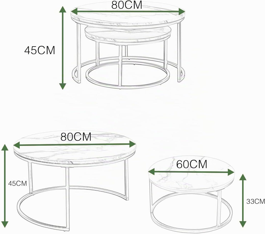 Gold Couchtisch Glas, Couchtisch 2er Set mit 1 Grosser Couchtisch Rund und 1 Kleiner Tisch, Beistell