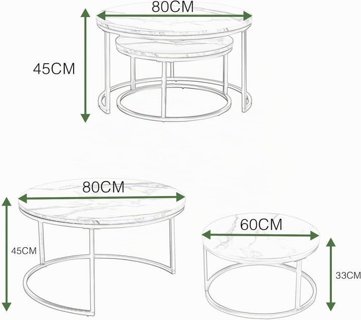 Gold Couchtisch Glas, Couchtisch 2er Set mit 1 Grosser Couchtisch Rund und 1 Kleiner Tisch, Beistell