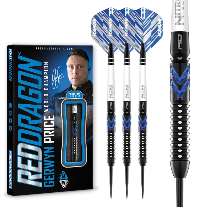 RED DRAGON Gerwyn Price Blue Ice SE - Tungsten Professional Darts Set with Flights and Nitrotech Sha
