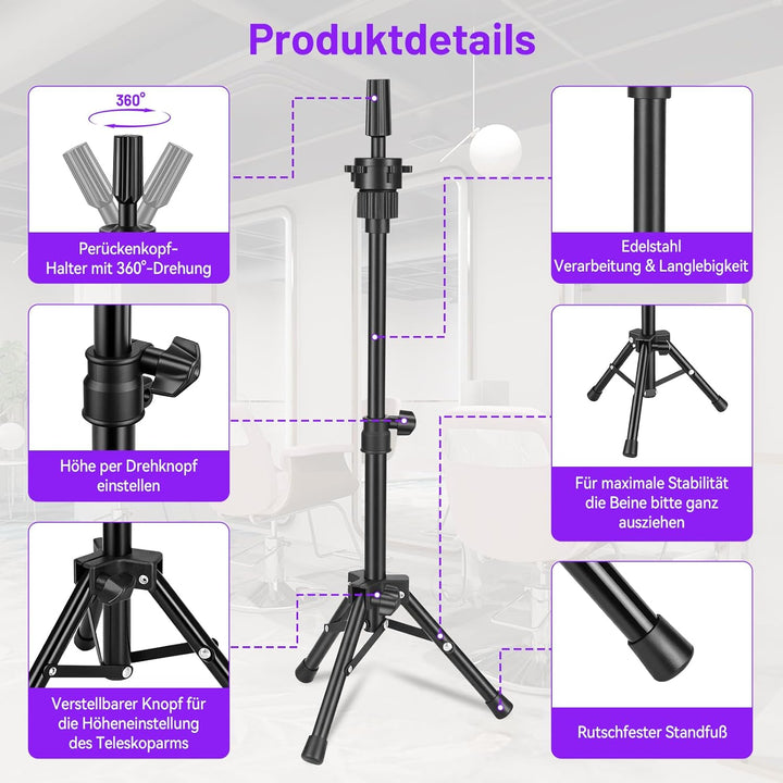 TwoWin 24.8 Zoll (63cm) Perückenständer, Frisierkopf Ständer, Verstellbar Schaufensterpuppen kopfstä