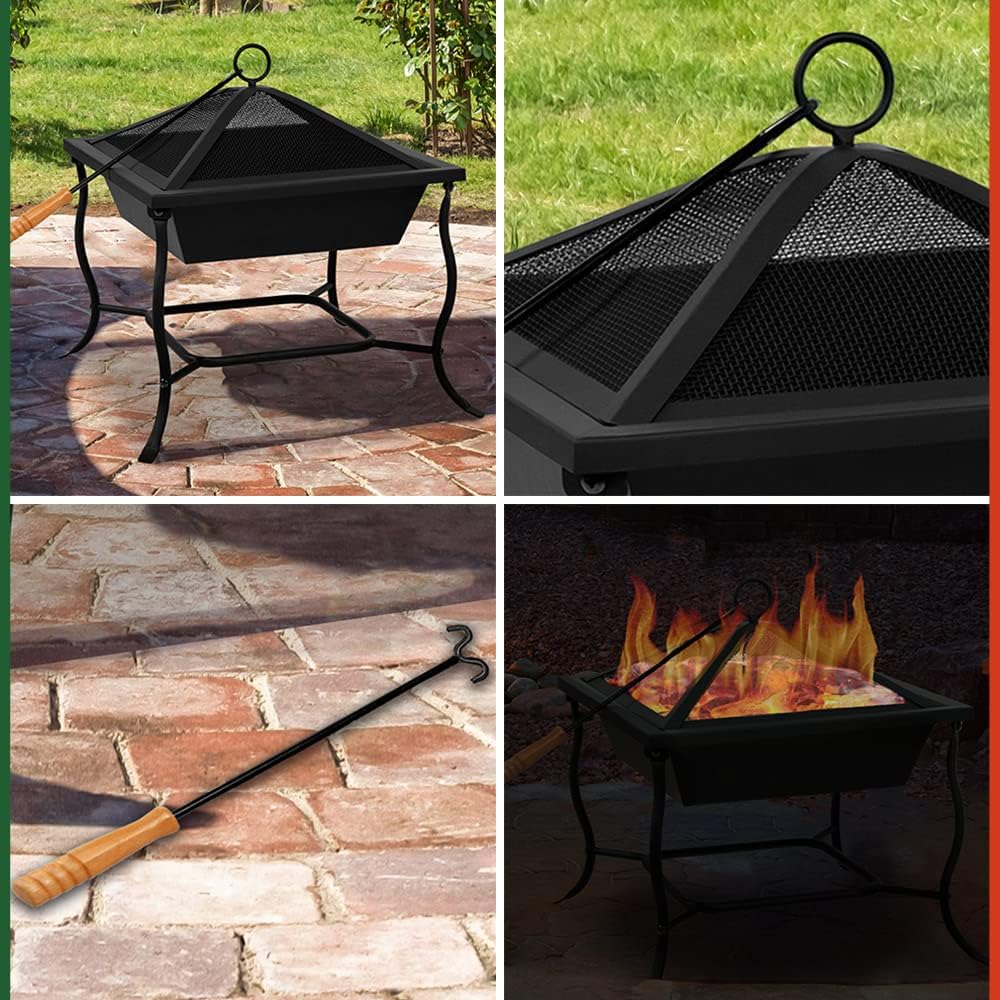 Deuba® Feuerschale mit Funkenschutz Schürhaken Eckig 45x45cm Modern Stahl Schwarz Terrasse Garten Ba