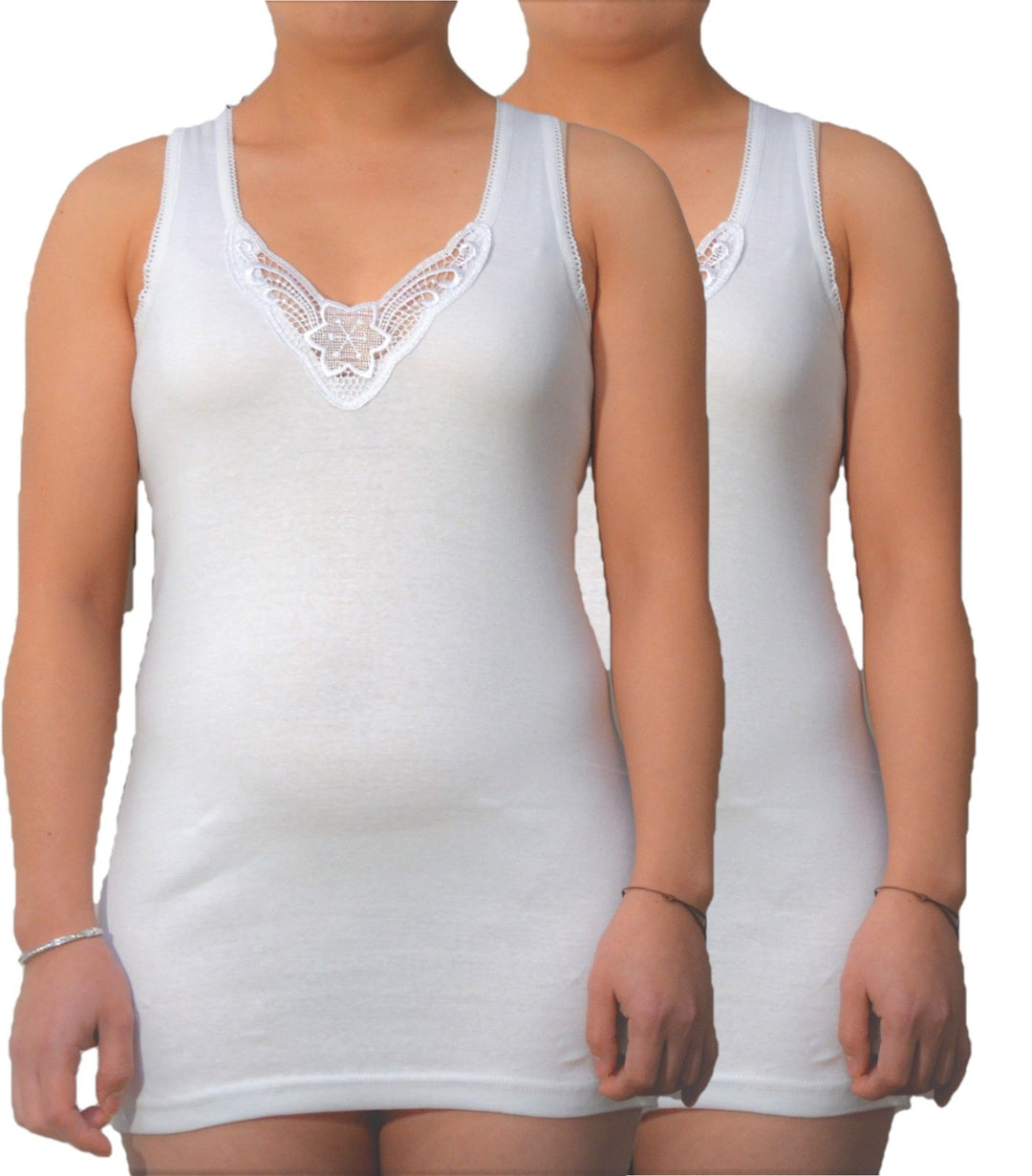 BestSale247 4 | 8 Stück Damen Unterhemden - Tank Top in Weiss extra-lang mit schöner Spitze aus 100%