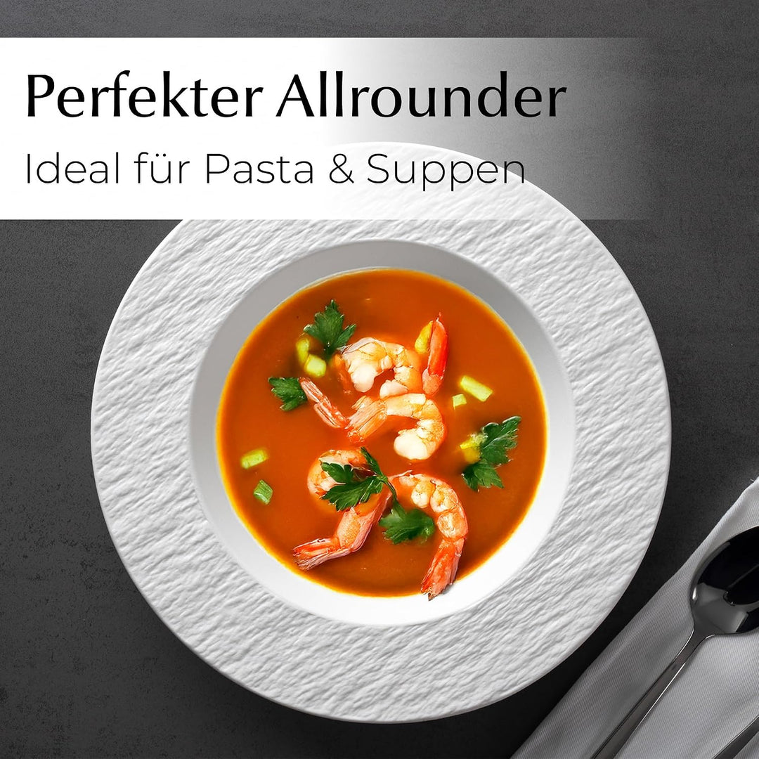 MIAMIO - Suppenteller Set/Pastateller, Keramik (650ml) - Oasis (Weiss) | Keramik Suppenteller Set, 4