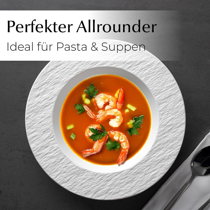 MIAMIO - Suppenteller Set/Pastateller, Keramik (650ml) - Oasis (Weiss) | Keramik Suppenteller Set, 4