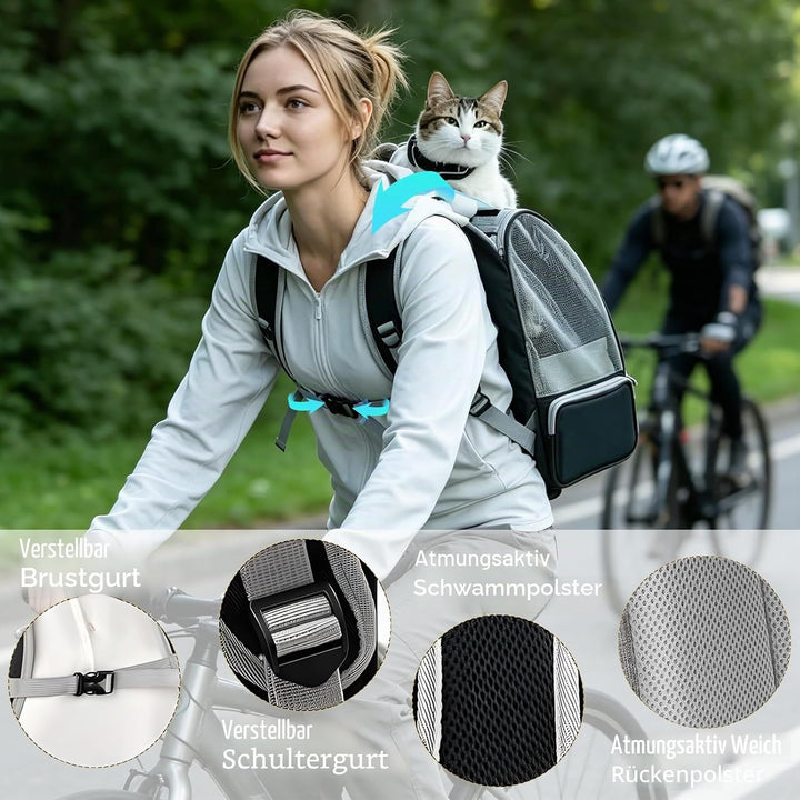 Haustier Rucksack bis 8kg mit 2 Tragbare Fressnäpfe, Faltbare Katzenrucksack Hunde Rucksack mit 3-se