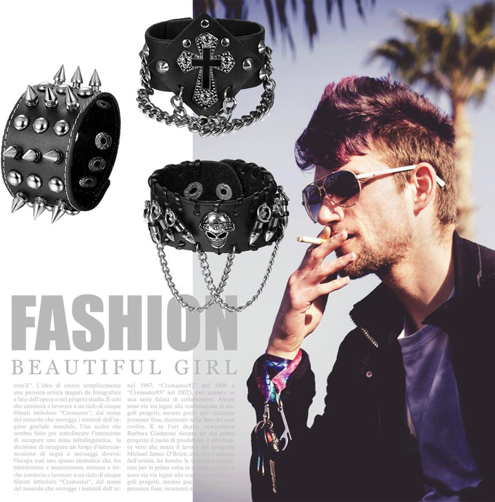 OIDEA 3PCS Herren Leder Armband Set (Punk Rock Stil 4.1cm-5cm Breite Gross geflochtene handgefertigt