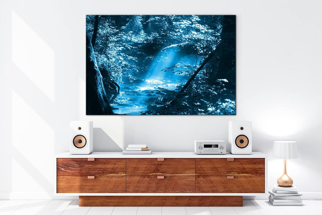 deyoli kleiner Bach im Wald Format 100x70 Effekt: Monocrome Blau als Leinwandbild, Motiv fertig gera
