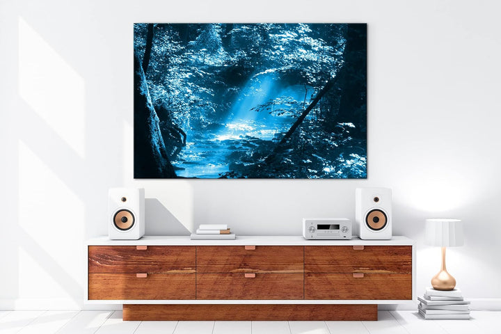 deyoli kleiner Bach im Wald Format 100x70 Effekt: Monocrome Blau als Leinwandbild, Motiv fertig gera