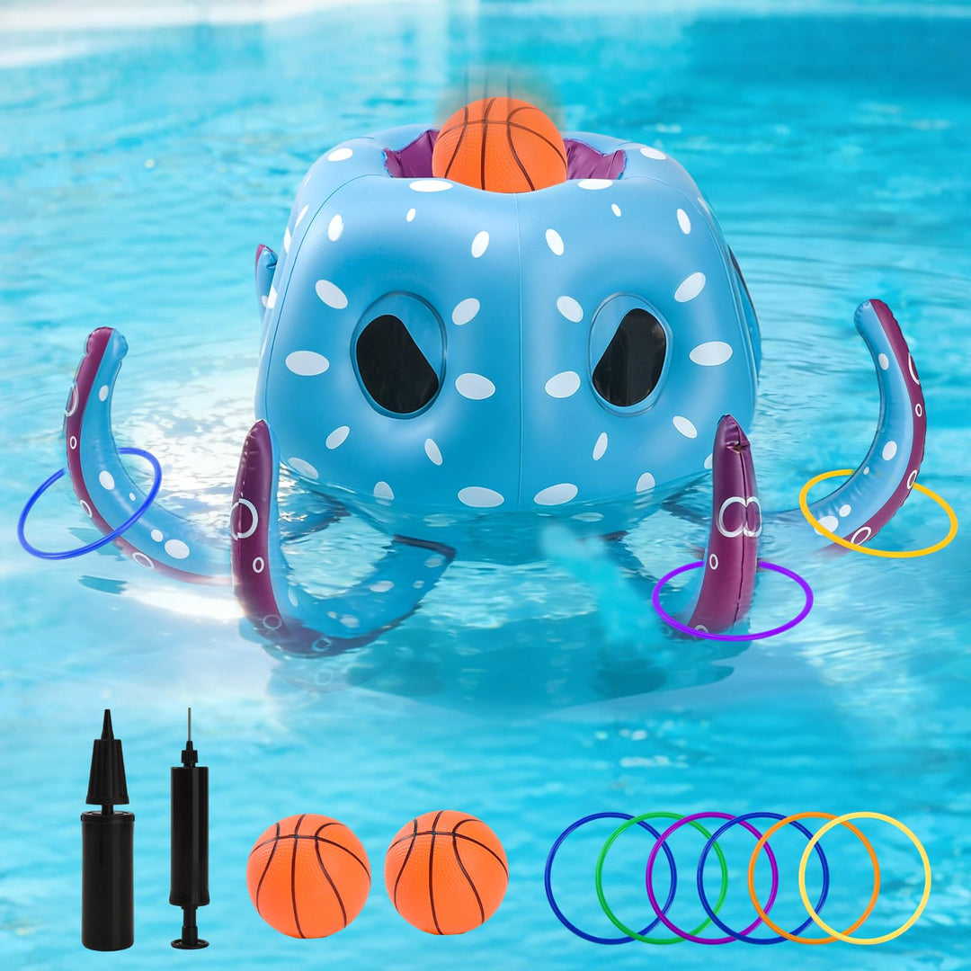 Aufblasbares Oktopus Poolspielzeug, 2-in-1 Aufblasbare Schwimmer Wasser Spiel, Pool Basketballkorb &